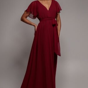 Goddiva Sustainable Chiffon Flutter Sleeve Wrap Maxi Dress - Berry