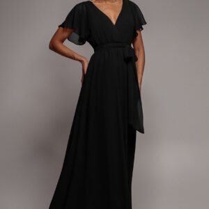 Goddiva Chiffon Flutter Sleeve Wrap Maxi Dress - Black