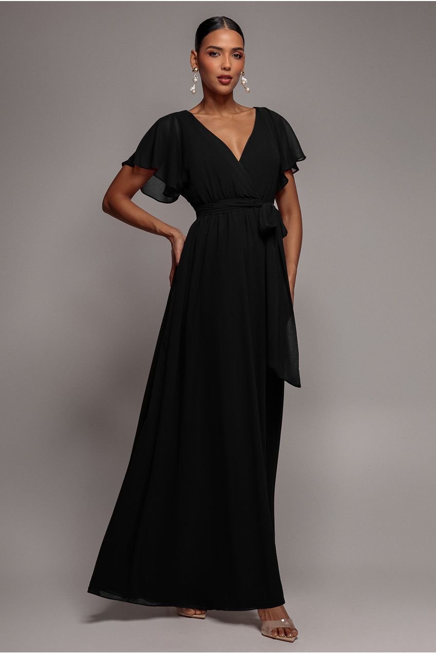 Goddiva Chiffon Flutter Sleeve Wrap Maxi Dress – Black