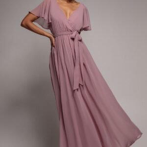 Goddiva Chiffon Flutter Sleeve Wrap Maxi Dress - Dusk