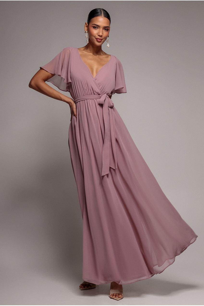 Goddiva Chiffon Flutter Sleeve Wrap Maxi Dress – Dusk