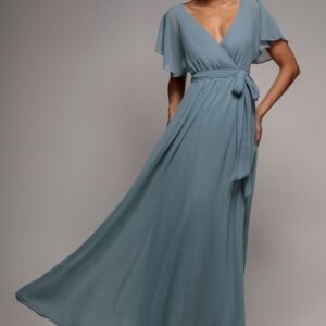 Goddiva Chiffon Flutter Sleeve Wrap Maxi Dress - Dusty Blue