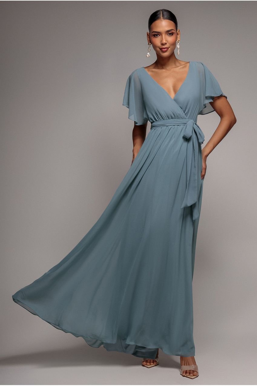 Goddiva Chiffon Flutter Sleeve Wrap Maxi Dress – Dusty Blue