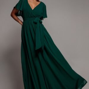 Goddiva Sustainable Chiffon Flutter Sleeve Wrap Maxi Dress - Green