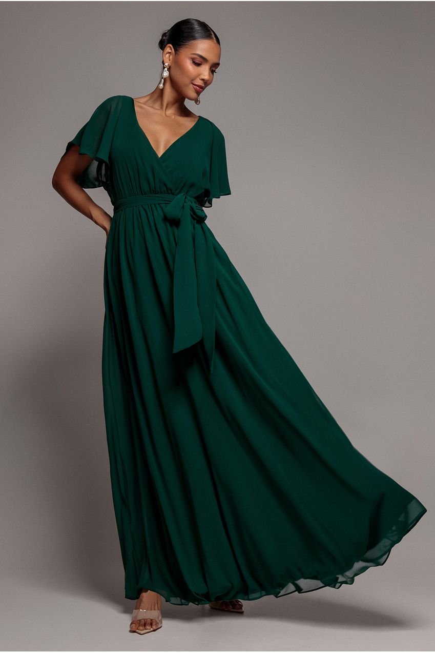 Goddiva Sustainable Chiffon Flutter Sleeve Wrap Maxi Dress – Green