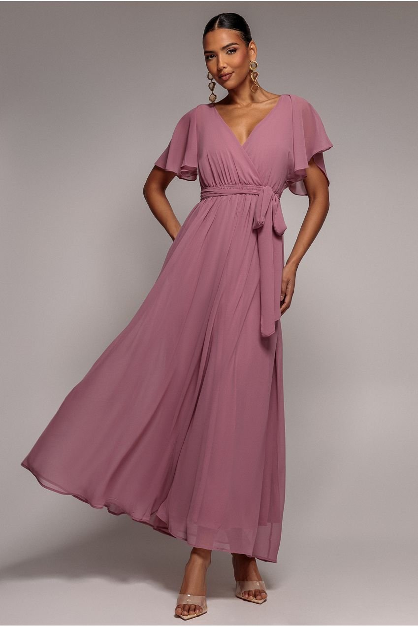 Goddiva Sustainable Chiffon Flutter Sleeve Wrap Maxi Dress – Lavender