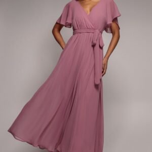 Goddiva Sustainable Chiffon Flutter Sleeve Wrap Maxi Dress - Lavender
