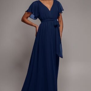 Goddiva Sustainable Chiffon Flutter Sleeve Wrap Maxi Dress - Navy