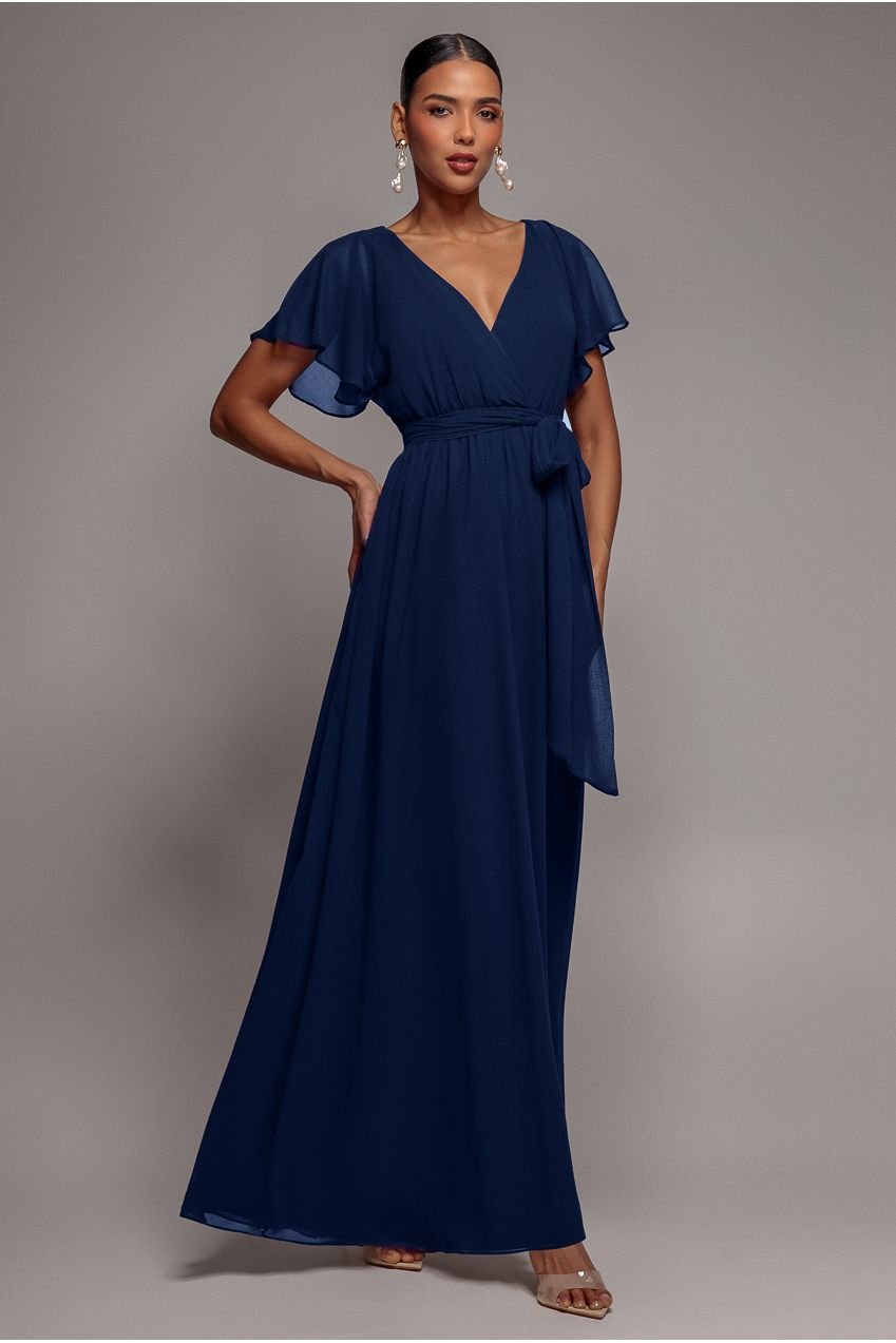 Goddiva Sustainable Chiffon Flutter Sleeve Wrap Maxi Dress – Navy