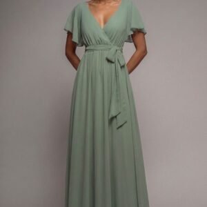 Goddiva Sustainable Chiffon Flutter Sleeve Wrap Maxi Dress - Sagegreen