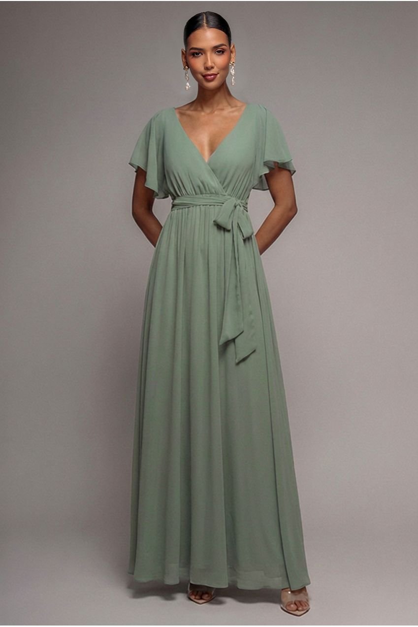 Goddiva Sustainable Chiffon Flutter Sleeve Wrap Maxi Dress – Sagegreen