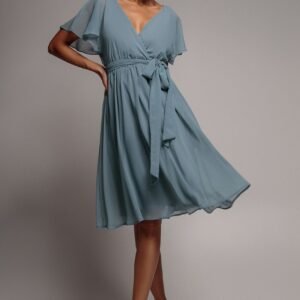 Goddiva Chiffon Flutter Sleeve Wrap Midi Dress - Airforce Blue