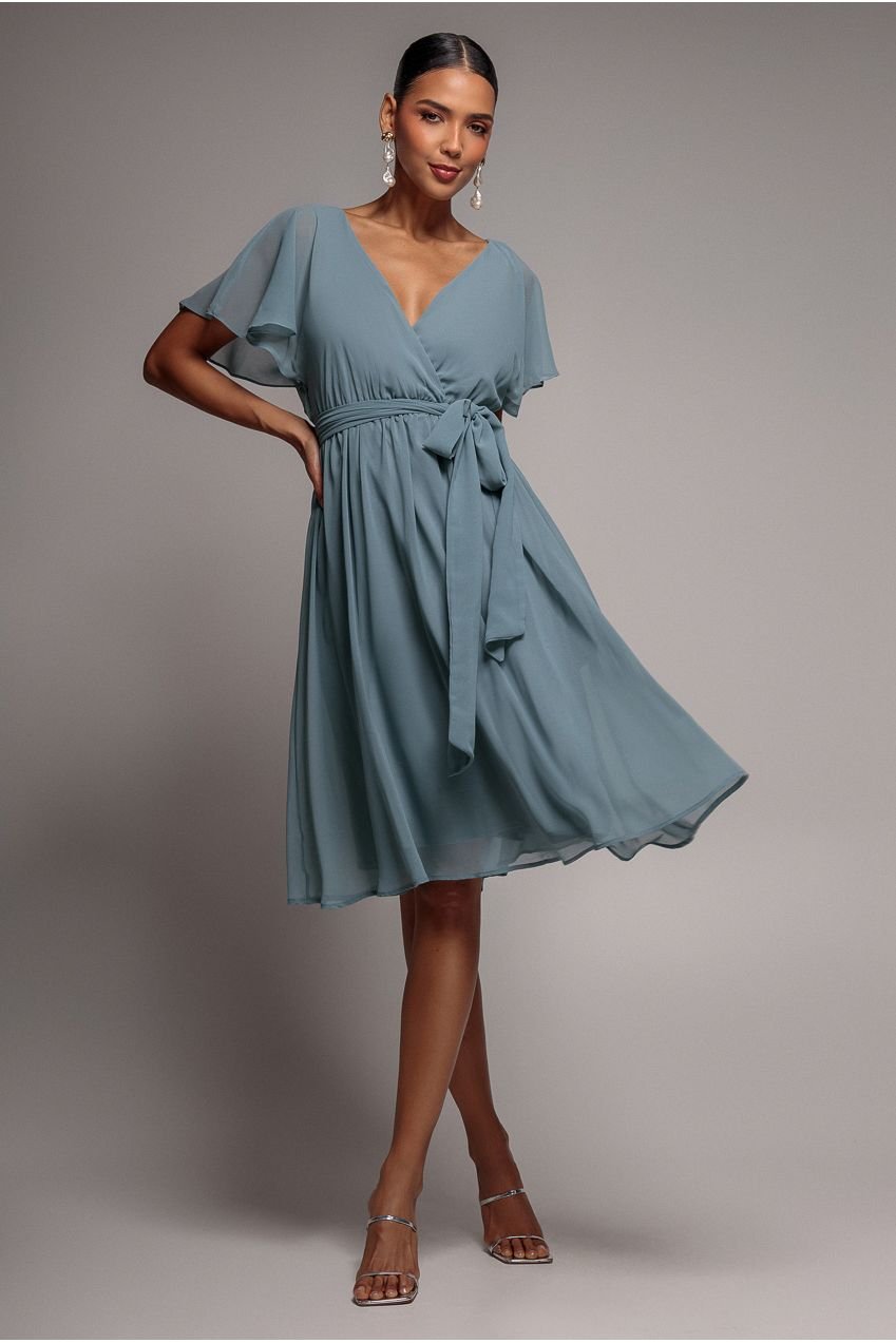 Goddiva Chiffon Flutter Sleeve Wrap Midi Dress – Airforce Blue