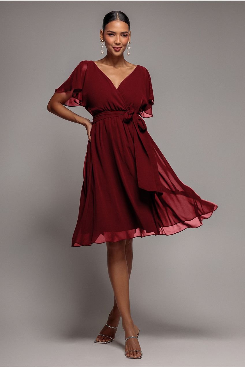 Goddiva Chiffon Flutter Sleeve Wrap Midi Dress – Berry