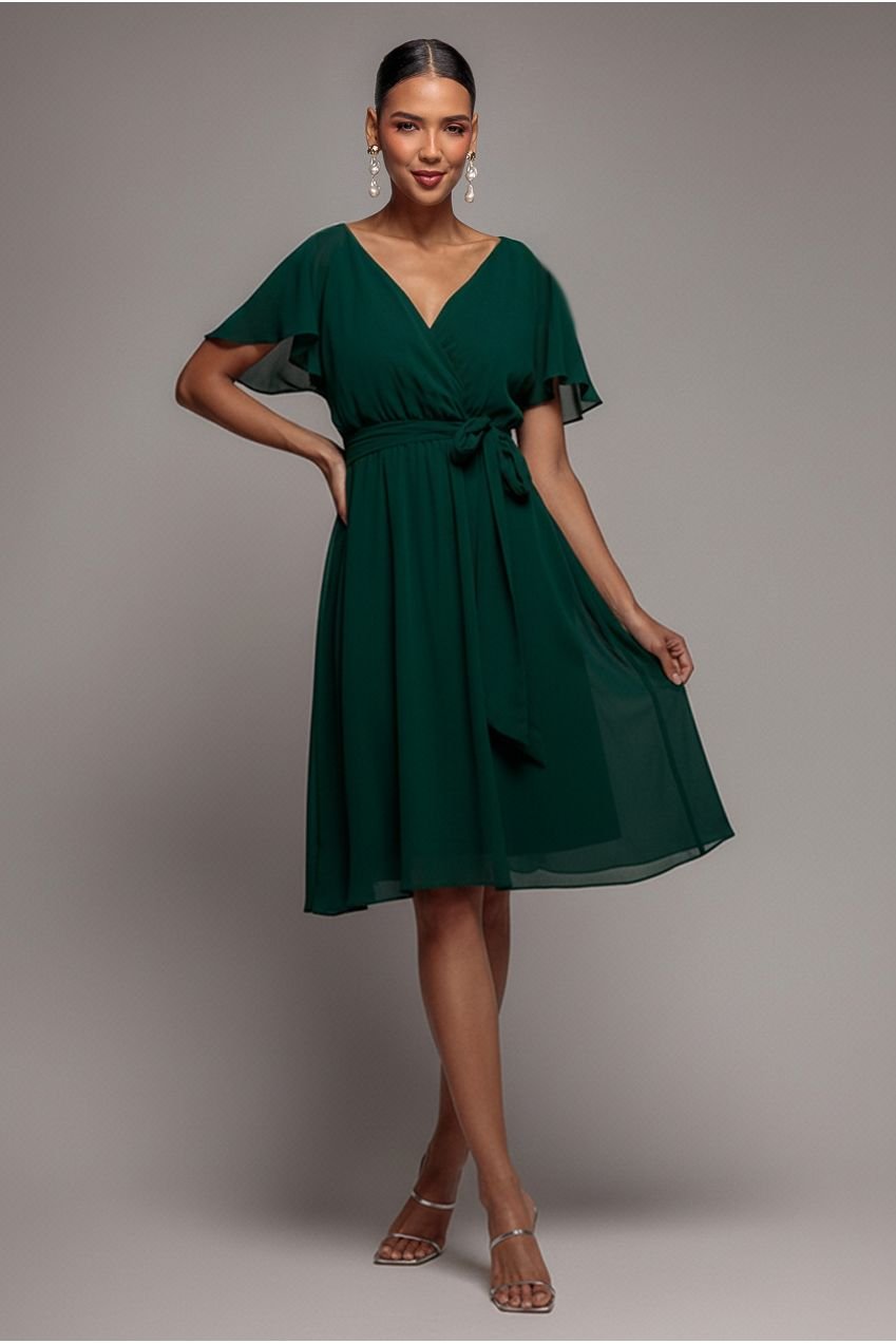 Goddiva Chiffon Flutter Sleeve Wrap Midi Dress – Dark Green