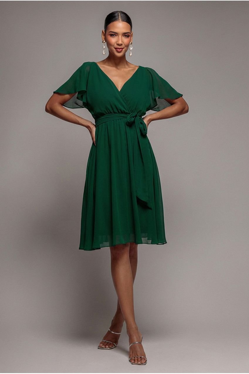 Goddiva Sustainable Flutter Sleeve Chiffon Wrap Midi Dress – Green