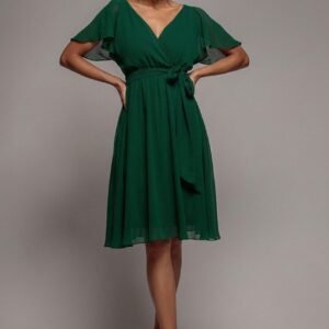 Goddiva Sustainable Flutter Sleeve Chiffon Wrap Midi Dress - Green