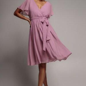 Goddiva Sustainable Flutter Sleeve Chiffon Wrap Midi Dress - Lavender