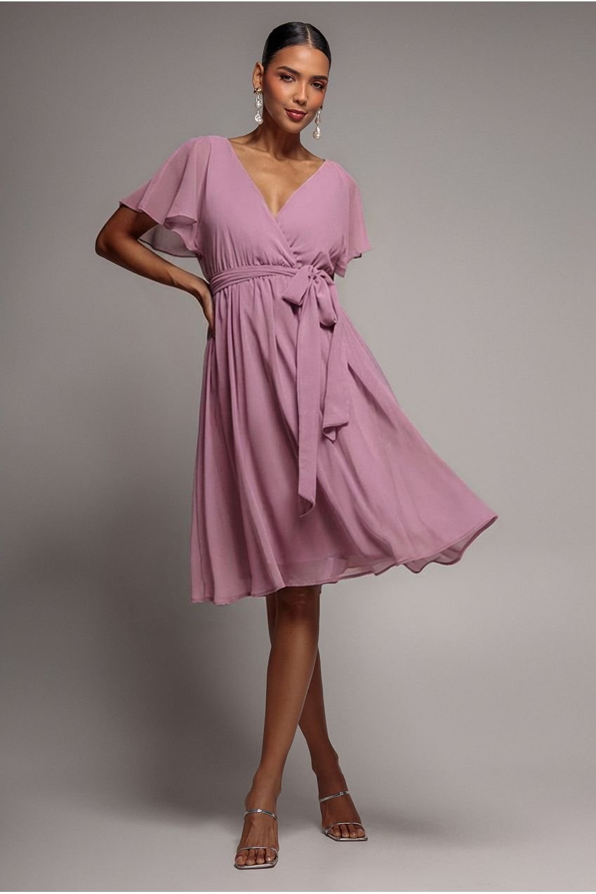 Goddiva Sustainable Flutter Sleeve Chiffon Wrap Midi Dress – Lavender