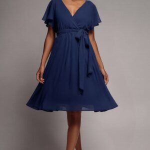 Goddiva Sustainable Flutter Sleeve Chiffon Wrap Midi Dress - Navy