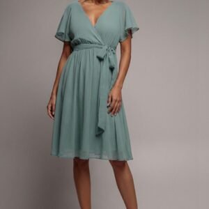 Goddiva Sustainable Flutter Sleeve Chiffon Wrap Midi Dress - Sage Green