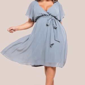 Goddiva Plus Flutter Sleeve Wrap Midi Dress - Blue