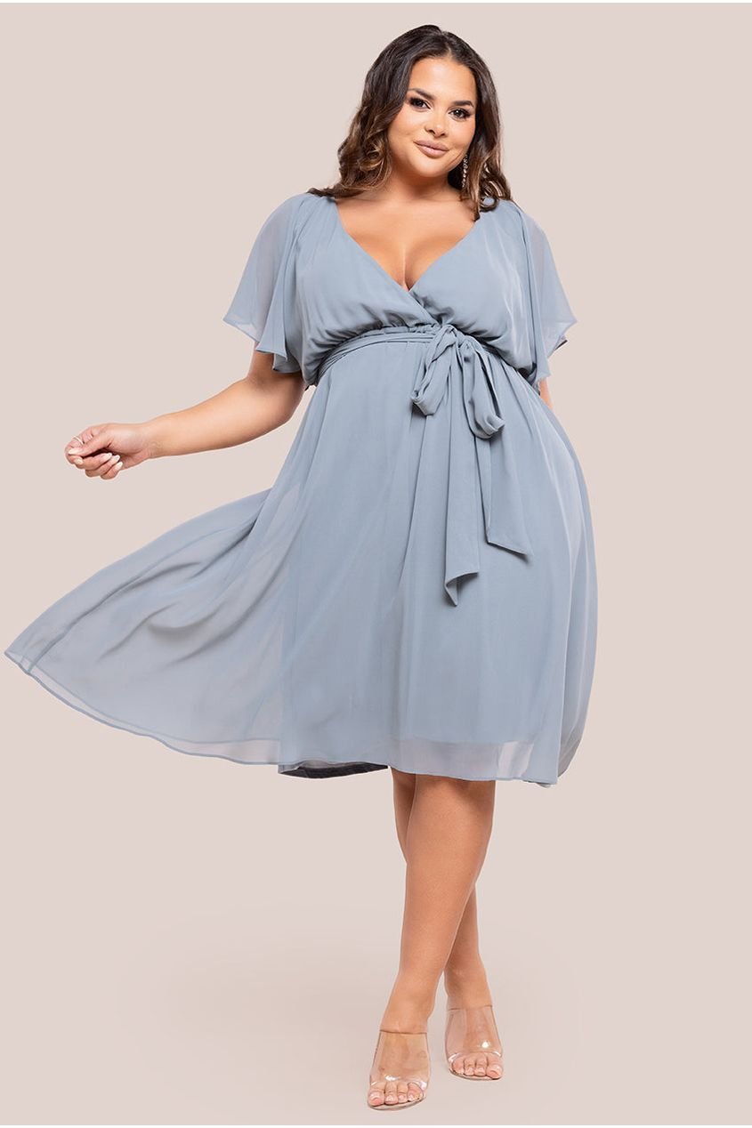 Goddiva Plus Flutter Sleeve Wrap Midi Dress – Blue