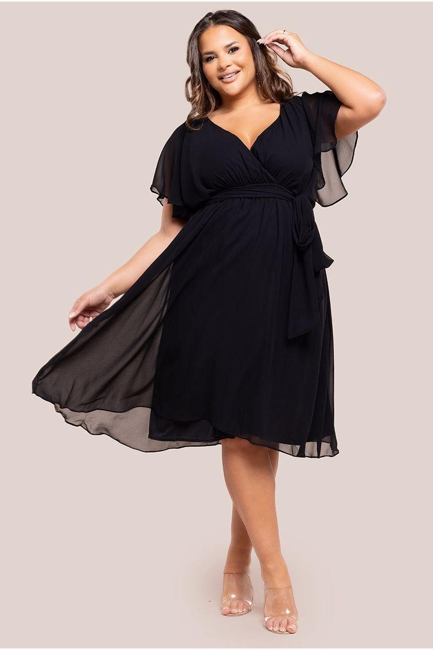Goddiva Plus Flutter Sleeve Wrap Midi Dress – Black