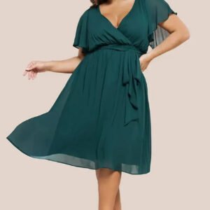 Goddiva Plus Flutter Sleeve Wrap Midi Dress - Emerald Green