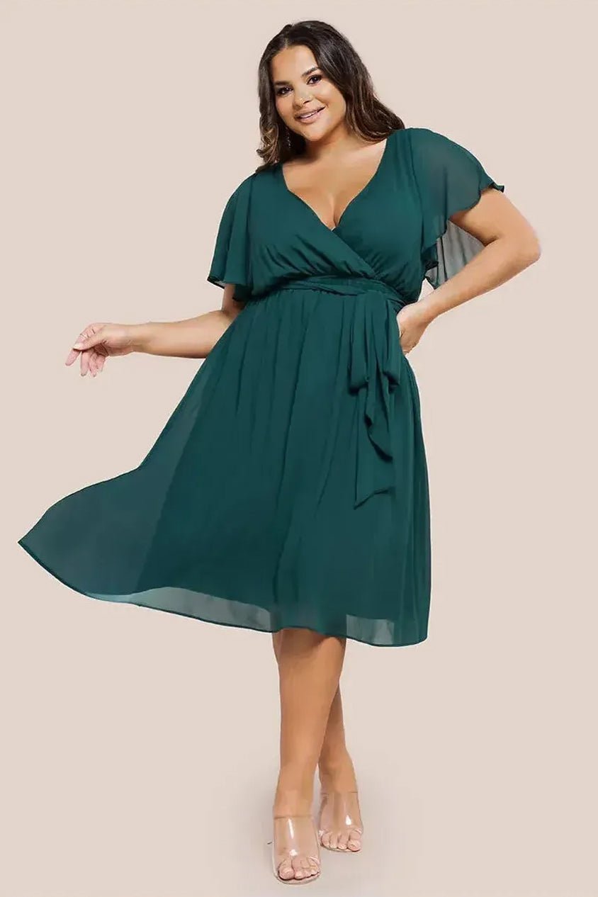 Goddiva Plus Flutter Sleeve Wrap Midi Dress – Emerald Green