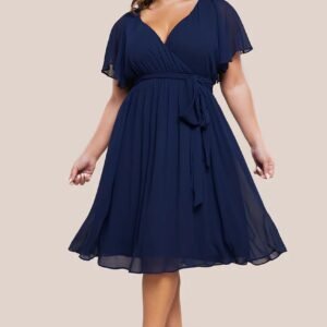 Goddiva Plus Flutter Sleeve Wrap Midi Dress - Navy Blue