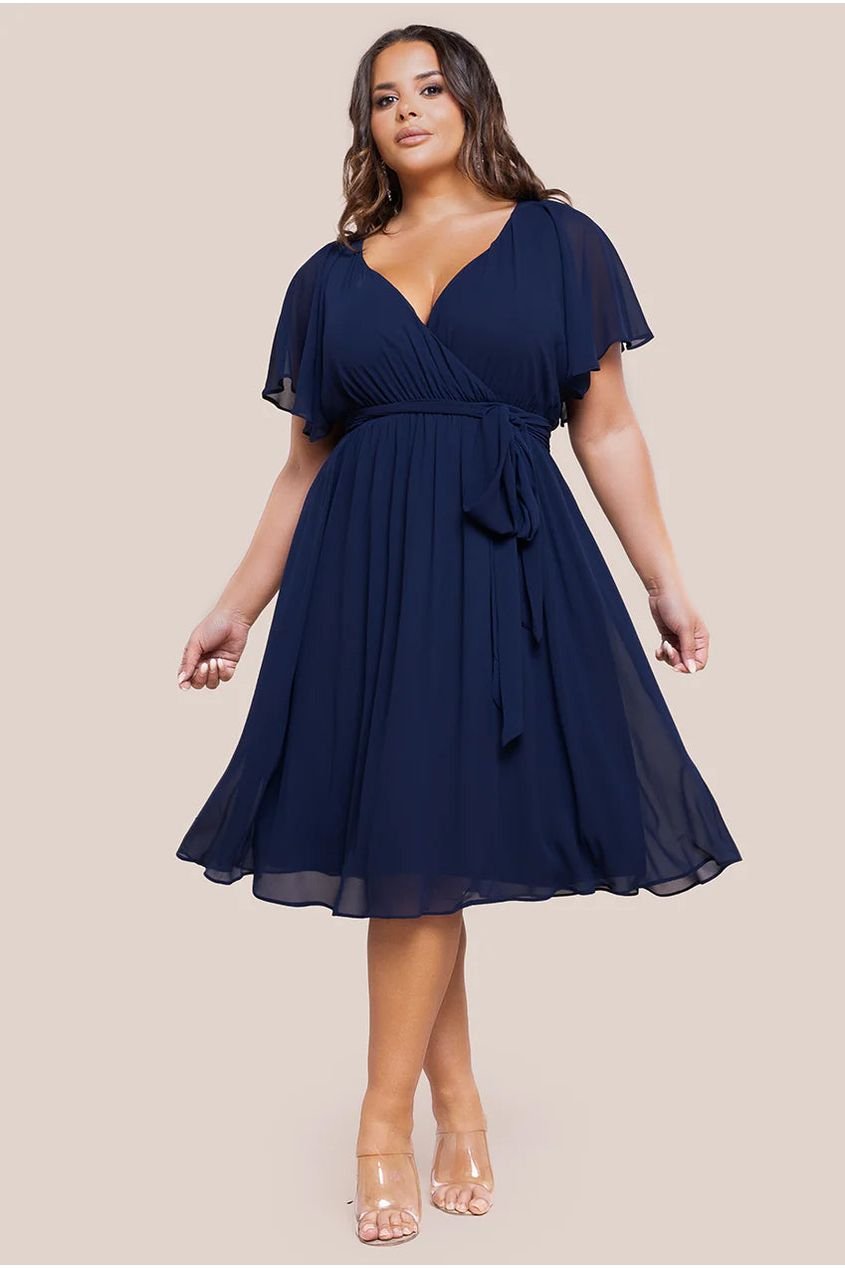 Goddiva Plus Flutter Sleeve Wrap Midi Dress – Navy Blue