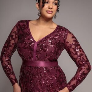 Goddiva Plus Embroidered Sequin & Mesh Maxi Dress - Burgundy