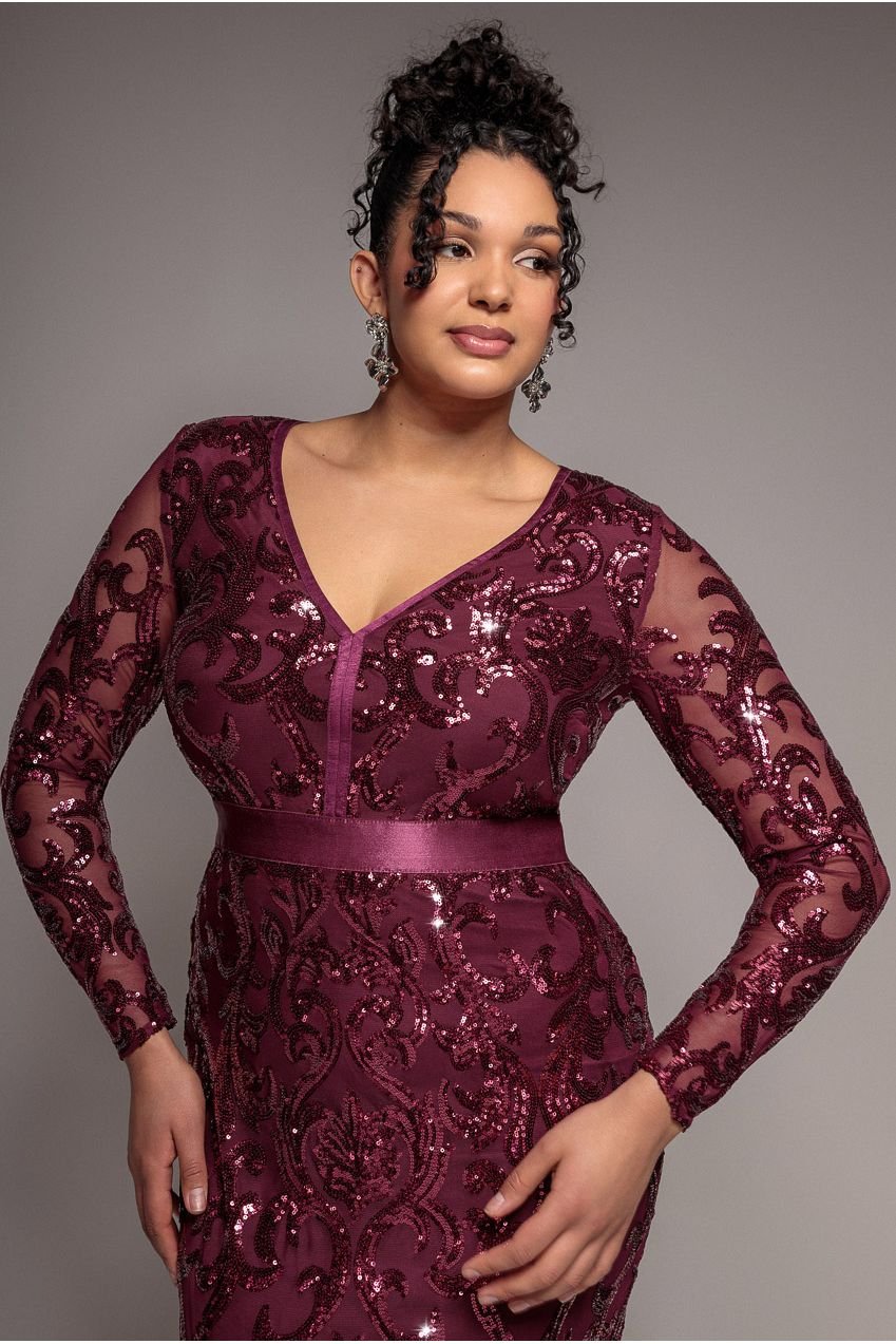 Goddiva Plus Embroidered Sequin & Mesh Maxi Dress – Burgundy