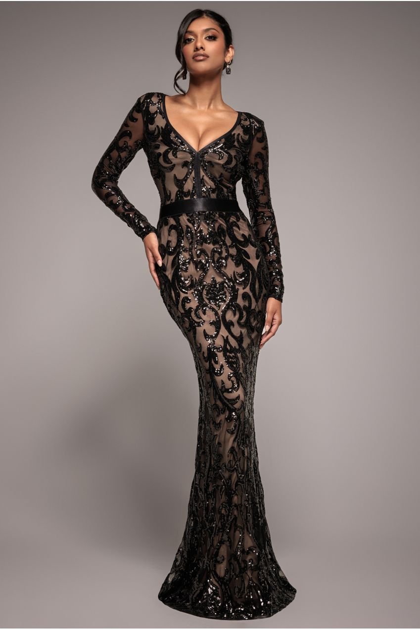 Goddiva Embroidered Sequin & Mesh Maxi Dress – Black