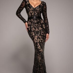Goddiva Embroidered Sequin & Mesh Maxi Dress - Black