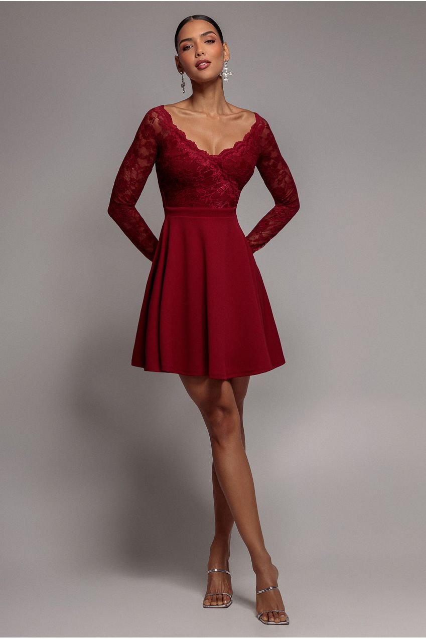 Goddiva Off The Shoulder Lace Skater Mini Dress – Wine