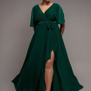 Goddiva Plus Wrap Front Maxi With Flutter Sleeves - Botanical Green