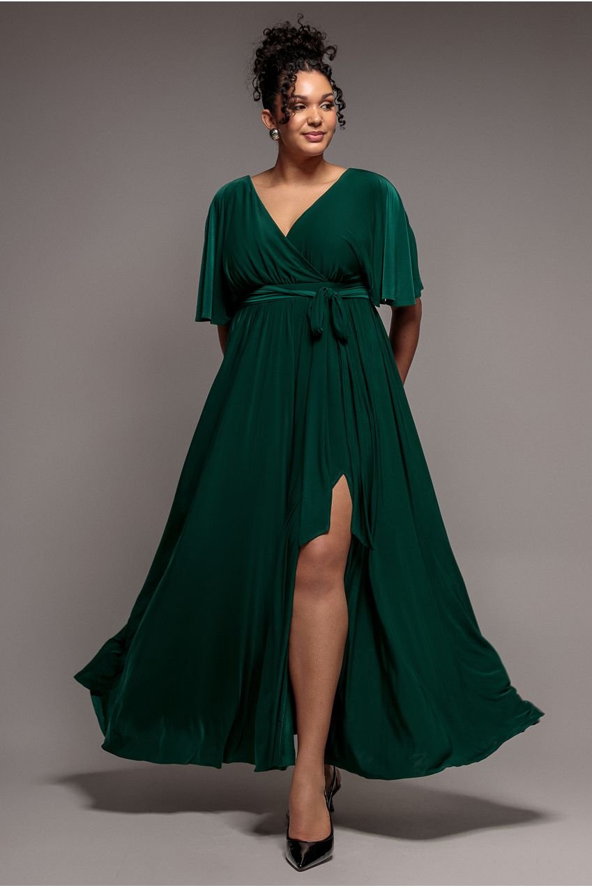 Goddiva Plus Wrap Front Maxi With Flutter Sleeves – Botanical Green