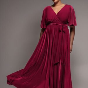 Goddiva Plus Wrap Front Maxi With Flutter Sleeves - Berry