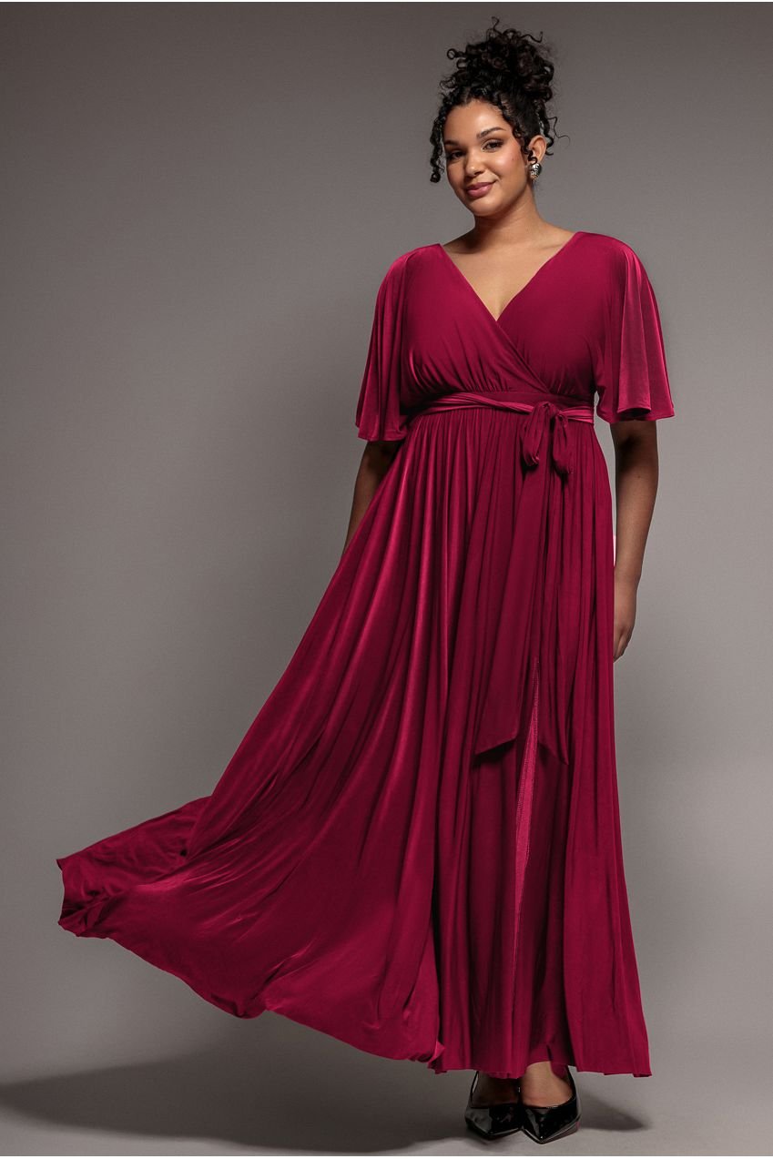 Goddiva Plus Wrap Front Maxi With Flutter Sleeves – Berry