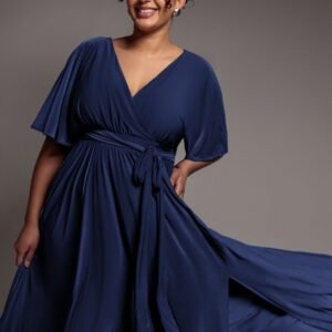 Goddiva Plus Wrap Front Maxi With Flutter Sleeves - Navy Blue