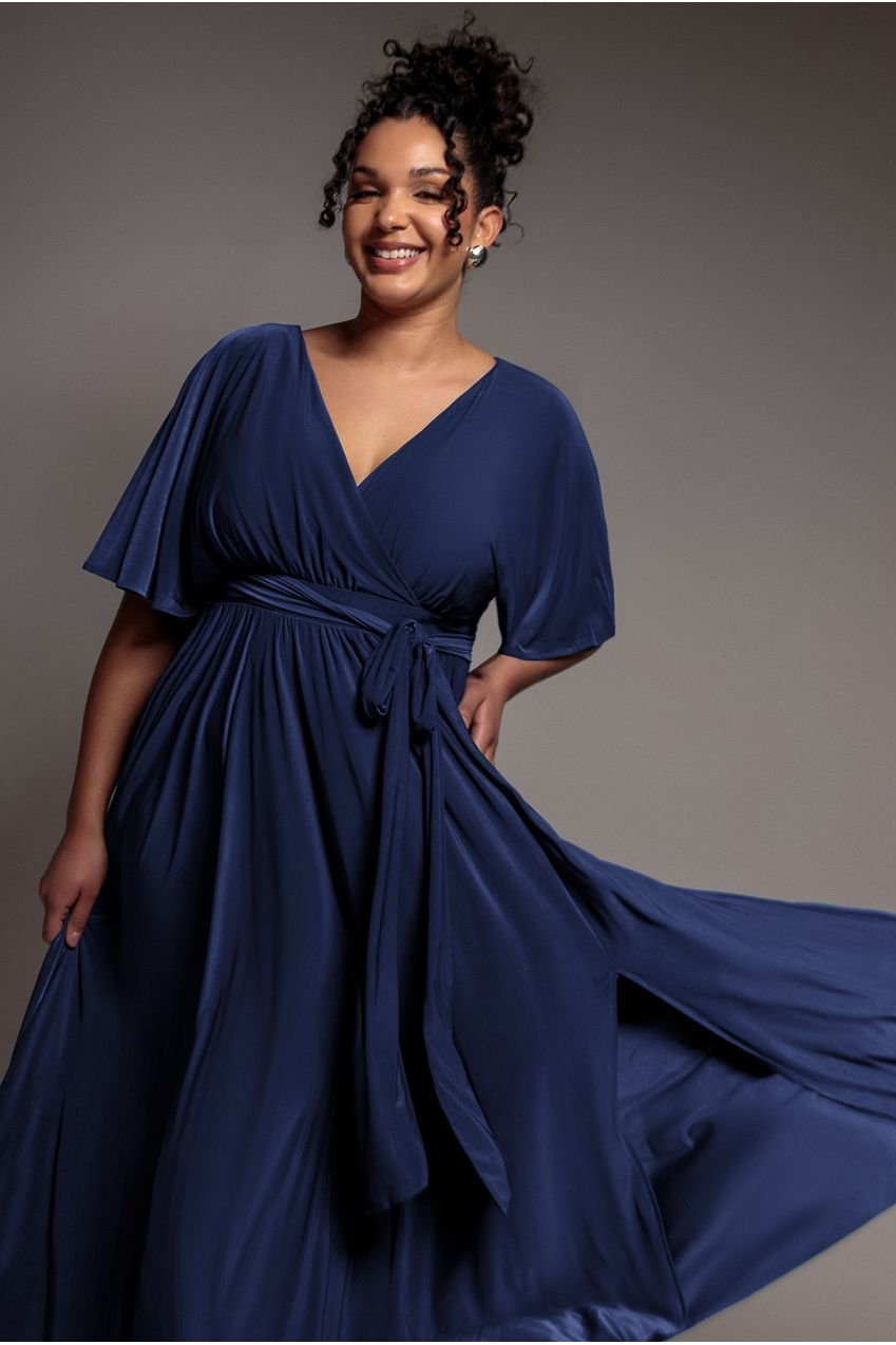 Goddiva Plus Wrap Front Maxi With Flutter Sleeves – Navy Blue