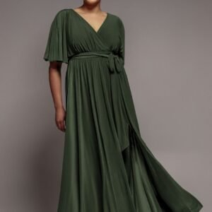 Goddiva Plus Wrap Front Maxi With Flutter Sleeves - Olive Green