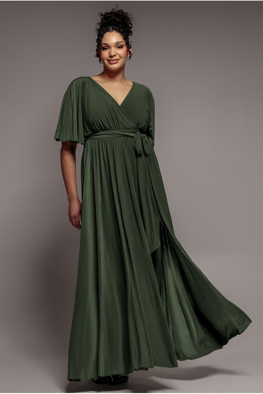 Goddiva Plus Wrap Front Maxi With Flutter Sleeves – Olive Green