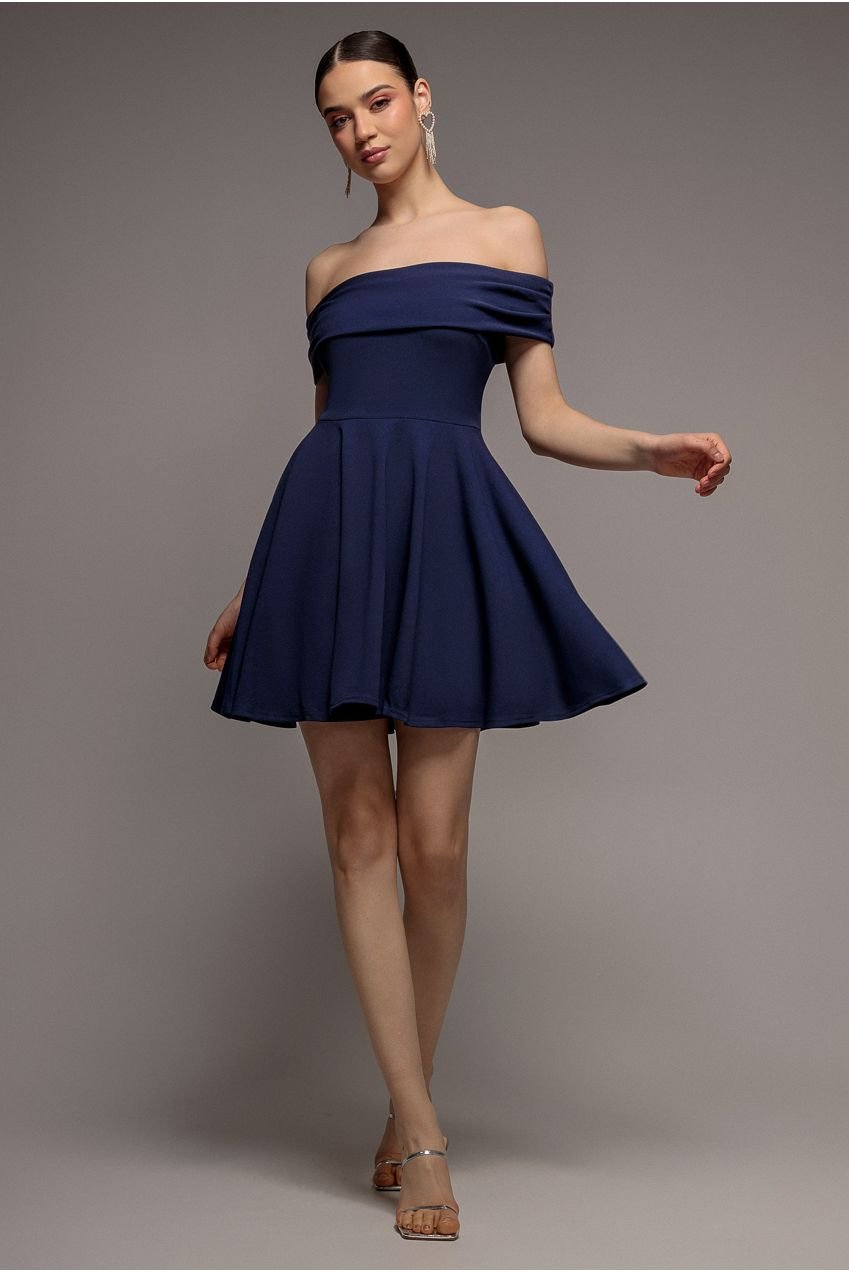 Goddiva Strapless Crepe Skater Mini Dress – Navy Blue