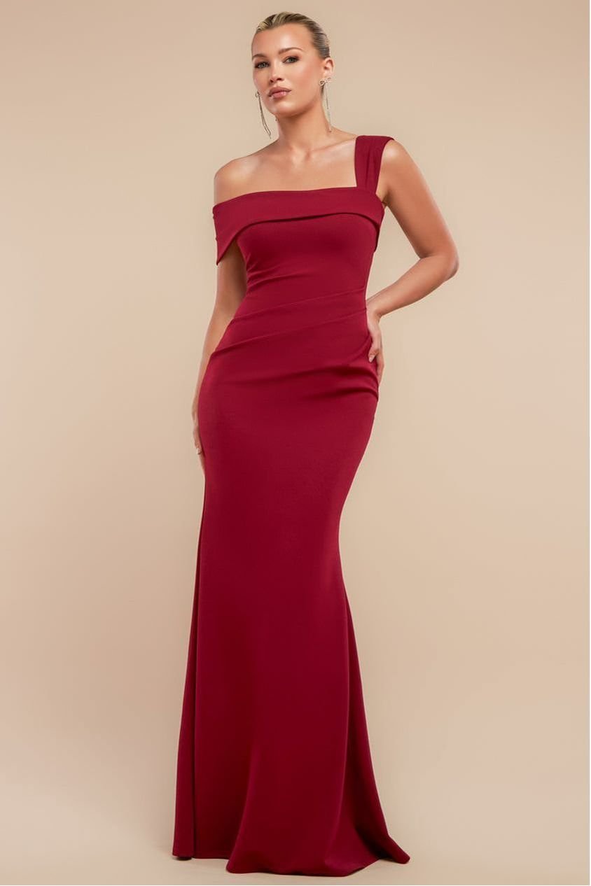 Goddiva Off The Shoulder Pleated Waist Maxi Dress – Wine