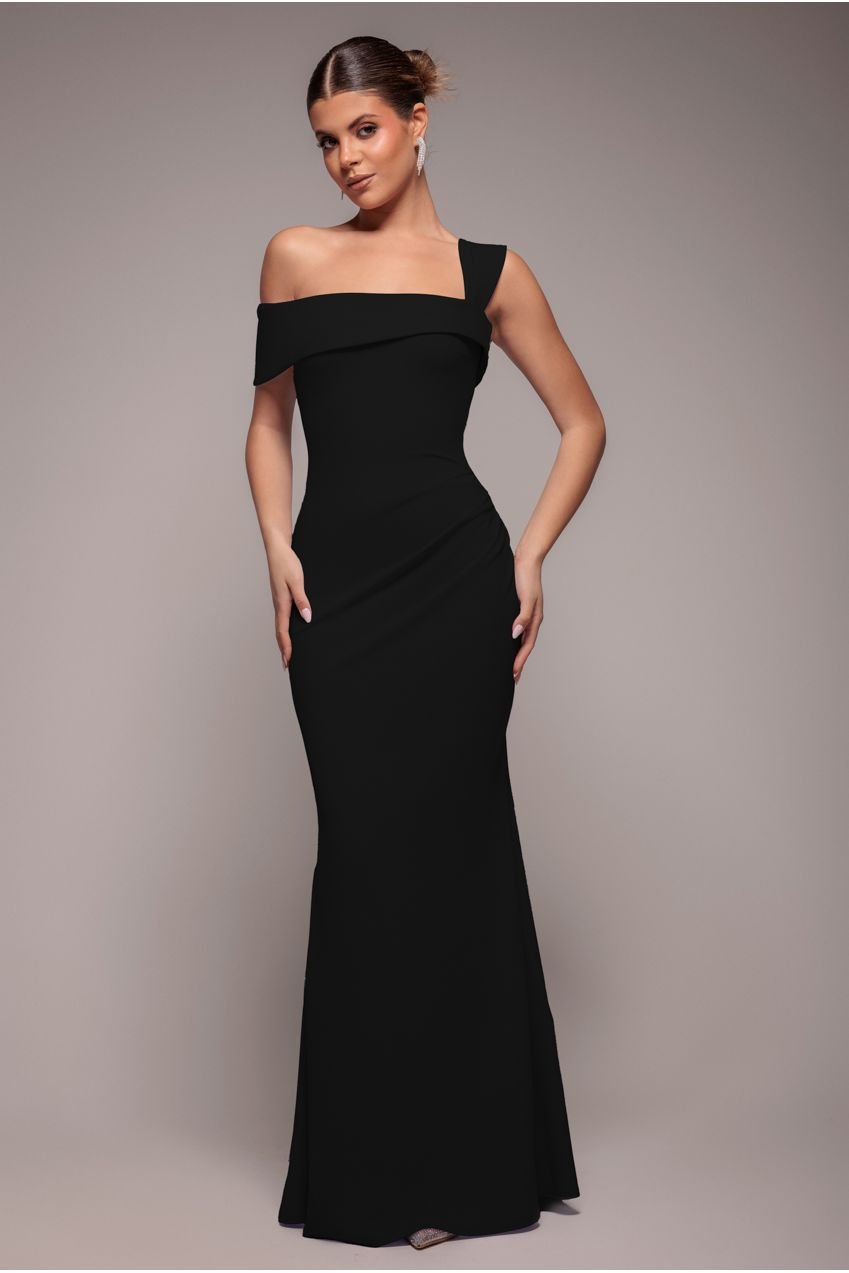 Goddiva Off The Shoulder Pleated Waist Maxi Dress – Black