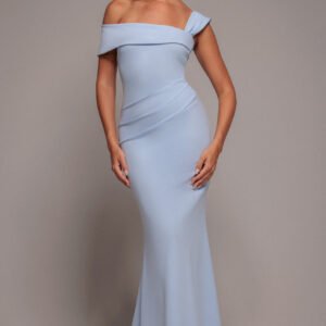 Goddiva Off The Shoulder Pleated Waist Maxi Dress - Blue