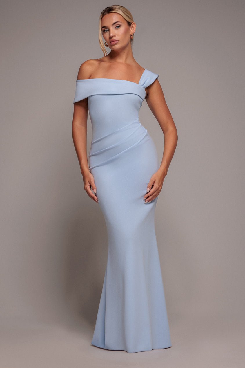 Goddiva Off The Shoulder Pleated Waist Maxi Dress – Blue